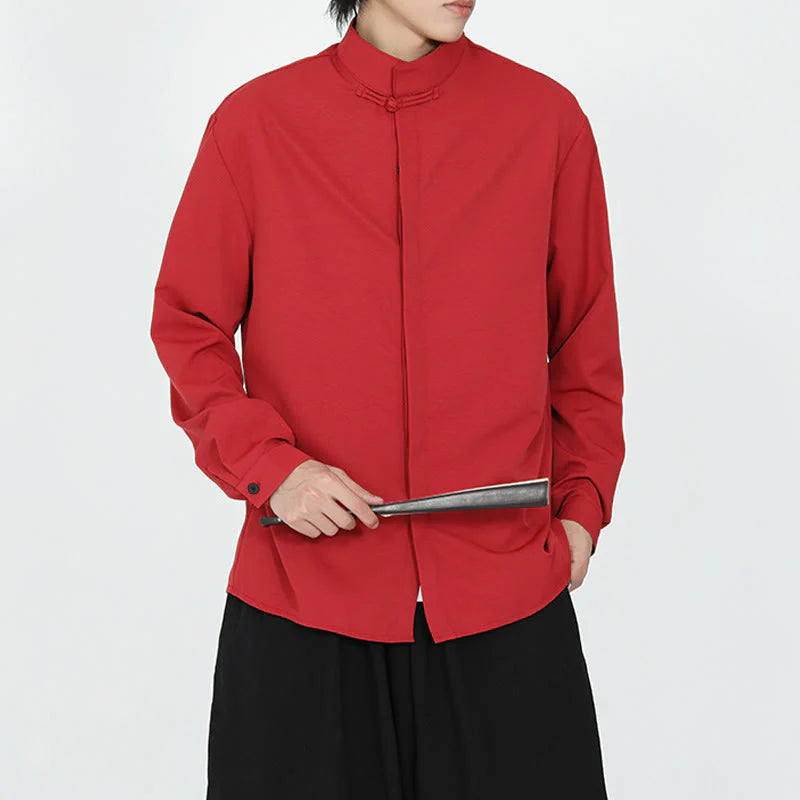 Buddha Stones Solid Color One Frog-Button Long Sleeve Cotton Men's Shirt