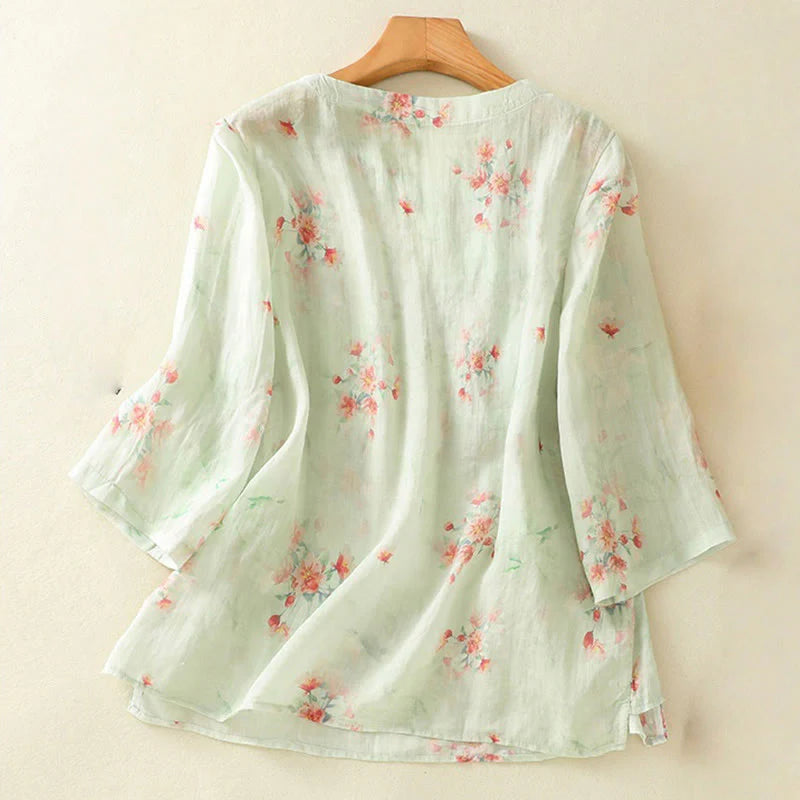 Buddha Stones Plant Printed Crew Neck Frog Button Design Women's Polyester Three Quarter Sleeve Shirt