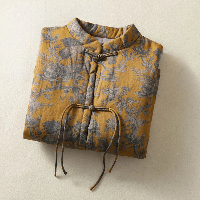 Buddha Stones Crane Flowers Branches Frog-Button Pattern Cotton Women's Sleeveless Vest Waistcoat