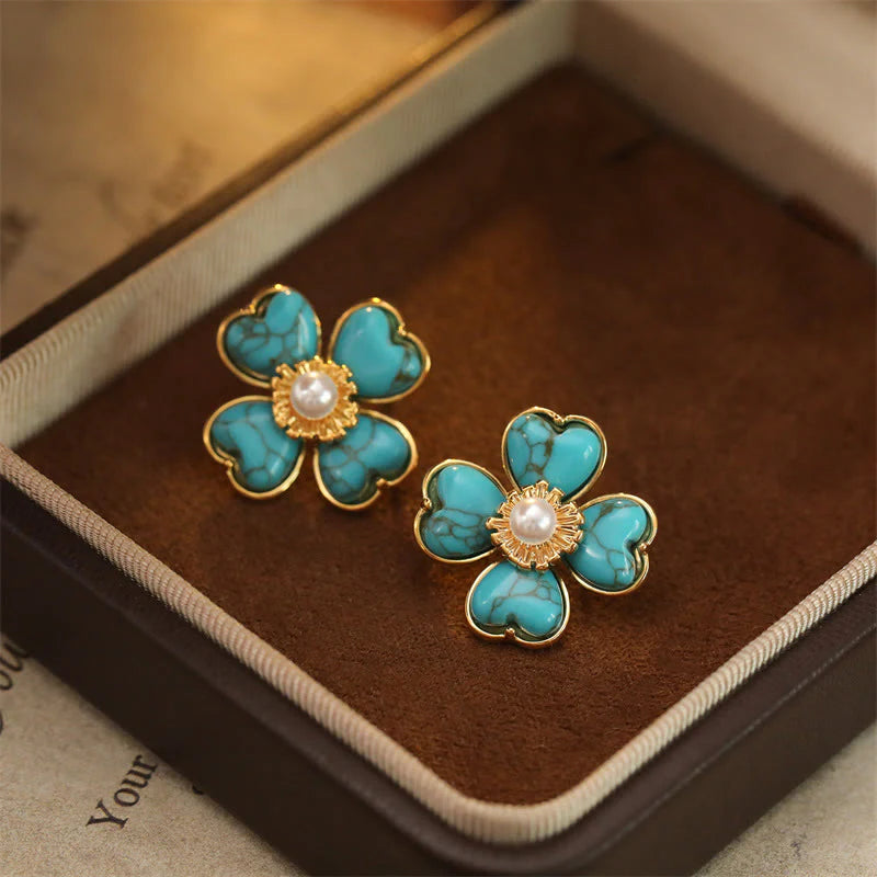 Buddha Stones Turquoise Love Heart Flower Copper Healing Stud Earrings
