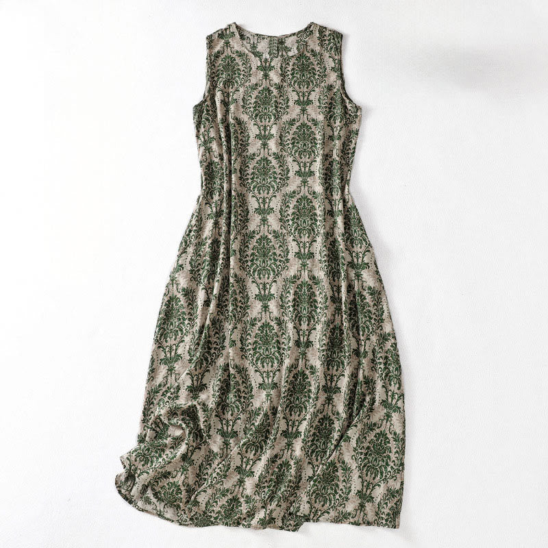Buddha Stones Commute Summer Printing Simple Design Crew Neck Sleeveless Maxi Dress