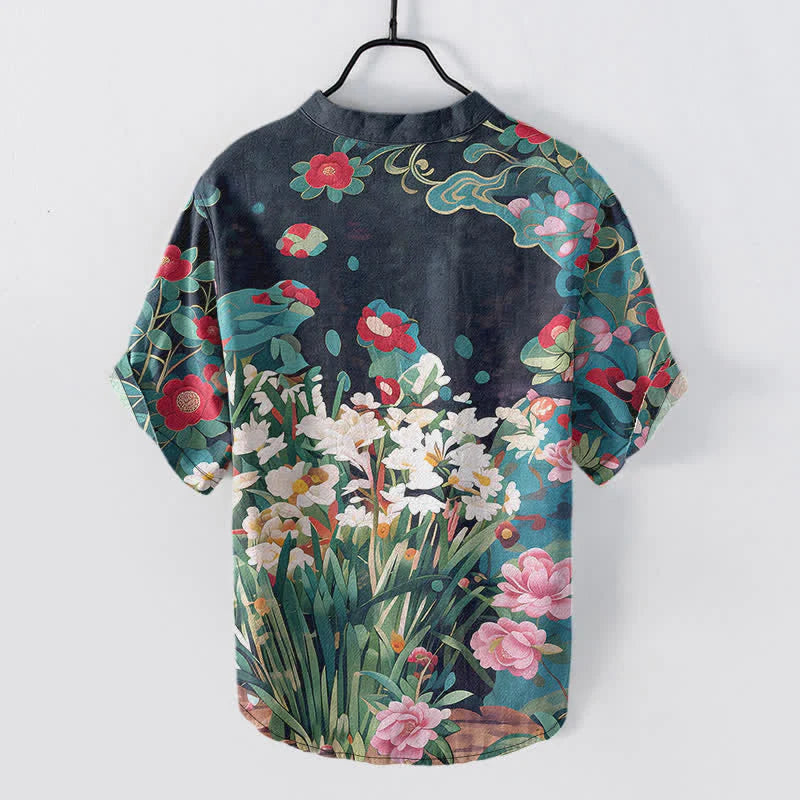 Buddha Stones Cotton Tropical Floral Print Men's Short Sleeve Half Button Shirt