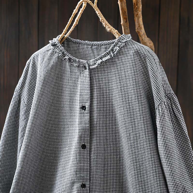 Buddha Stones Spring Small Plaid Buttons Down Long Sleeve Women's Cotton Shirt