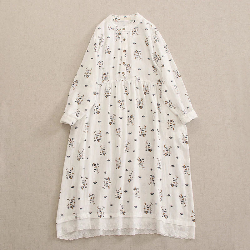Buddha Stones Spring Small Floral Print Buttons Design Crew Neck Long Sleeve Midi Dress With Pockets