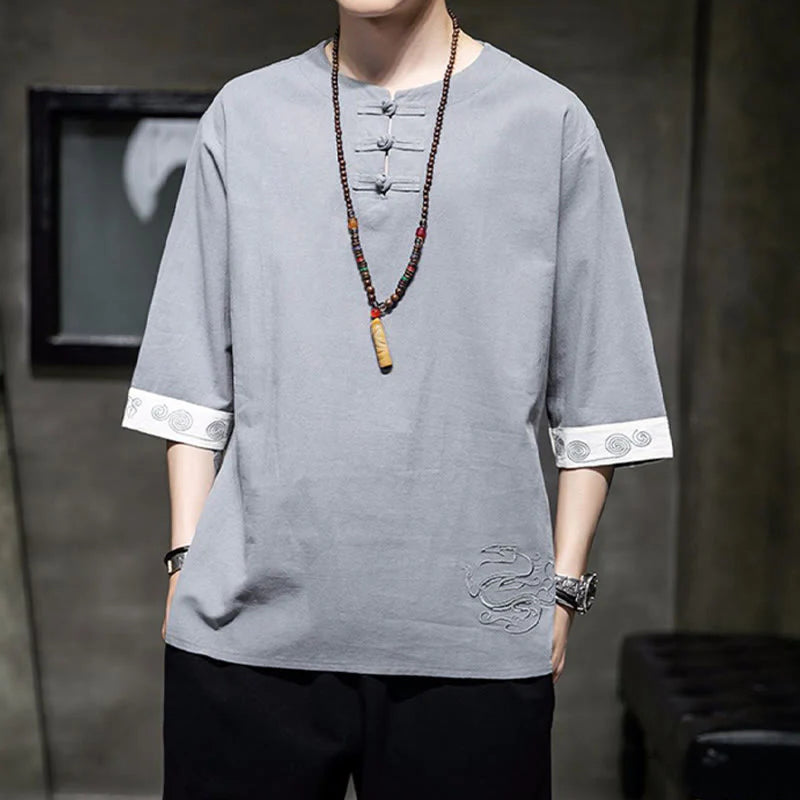 Buddha Stones Frog-Button Dragon Embroidery Chinese Tang Suit Three Quarter Sleeve Shirt Cotton Linen Men Clothing
