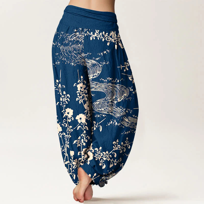 Buddha Stones Pure Cotton Simple Flowers Stream Pattern Women's Elastic Waist Harem Pants