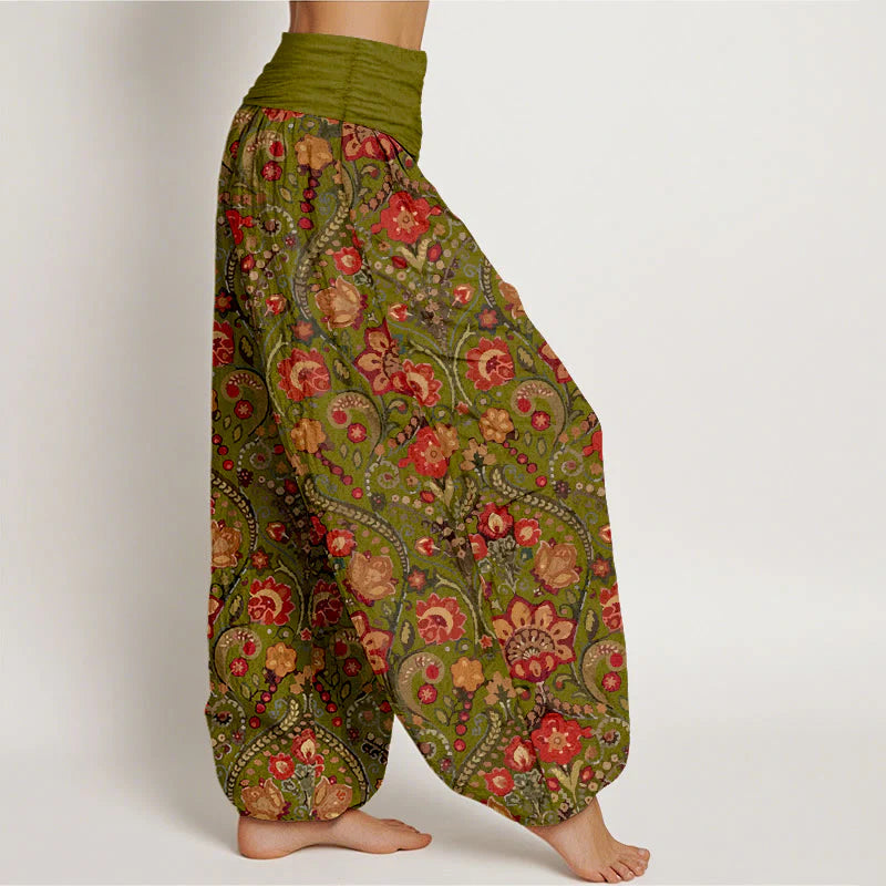 Buddha Stones Cotton Colorful Flower Leaf Scroll Pattern Women's Elastic Waist Harem Pants