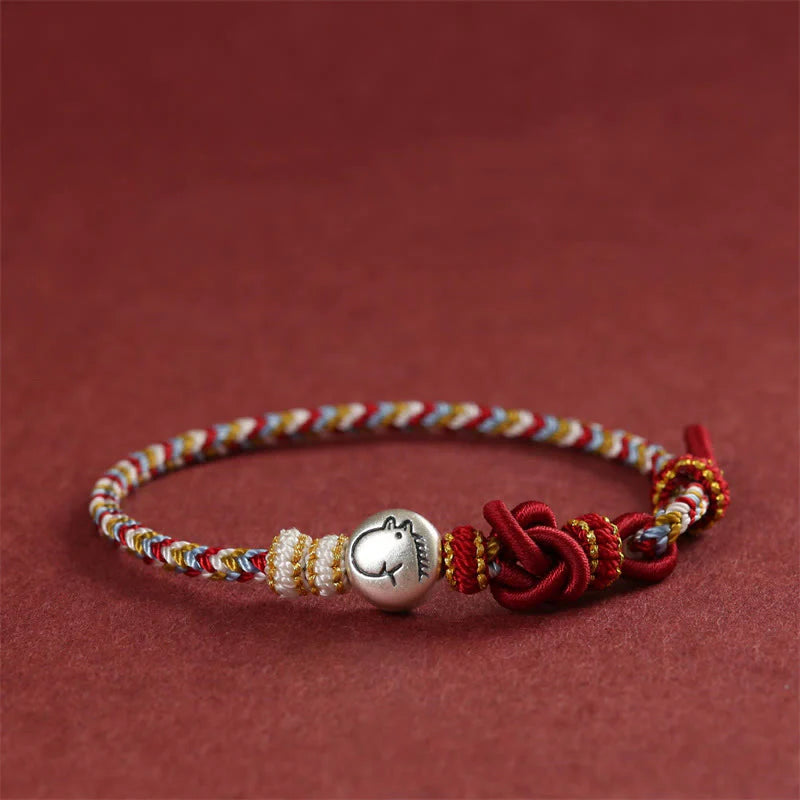 Buddha Stones Year of the Horse 999 Sterling Silver Dunhuang Color String Braided Luck Bracelet