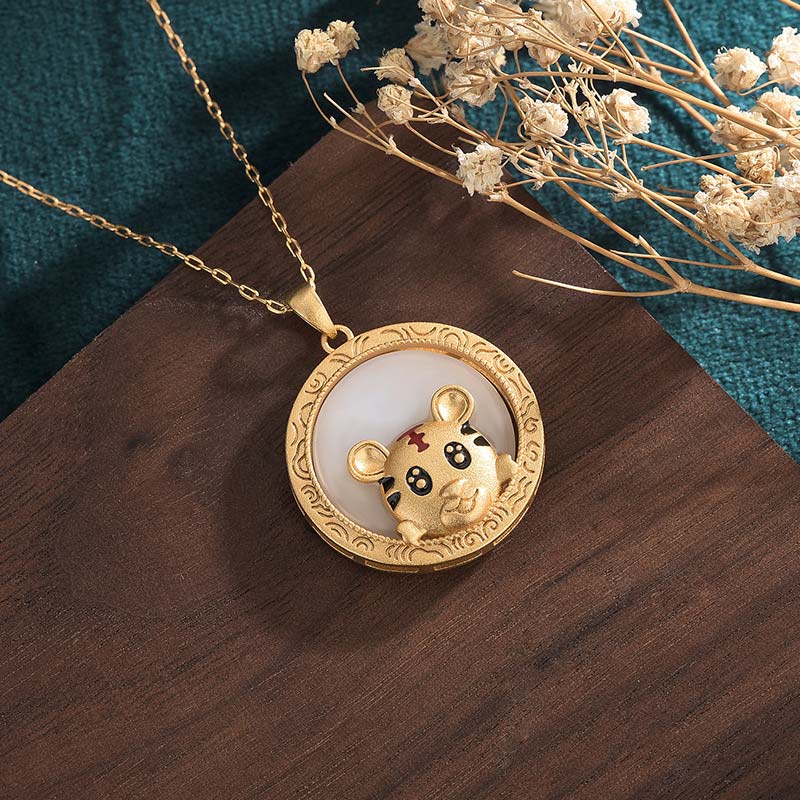 Buddha Stones White Jade Year of the Tiger Blessing Necklace