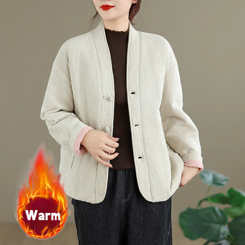 Buddha Stones Winter V-Neck Jacquard Frog-Button Cotton Long Sleeve Women's Thermal Jacket With Pockets