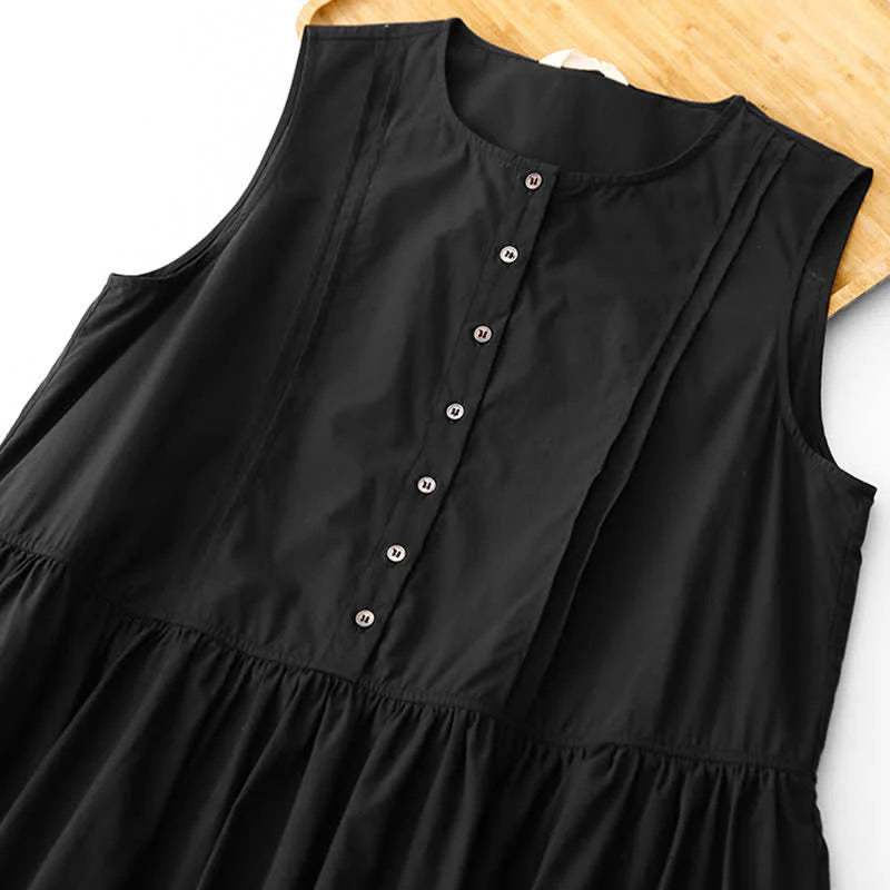 Buddha Stones Summer Buttons Pleated Knee Length Women's Sleeveless Dress With Pockets