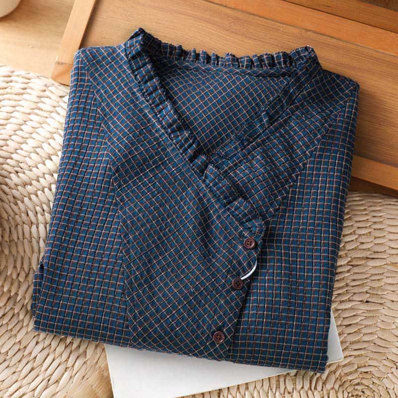 Buddha Stones Fall Blue Plaid V-Neck Buttons Design Women's Cotton Long Sleeve Shirt