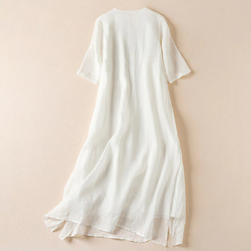 Buddha Stones Embroidered Leaf Crew Neck Half Sleeve Fiber Midi Dress