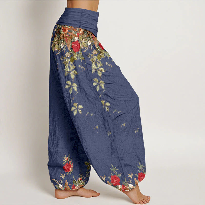 Buddha Stones Pure Cotton Colourful Flower Leaves Patterns Women's Elastic Waist Harem Pants