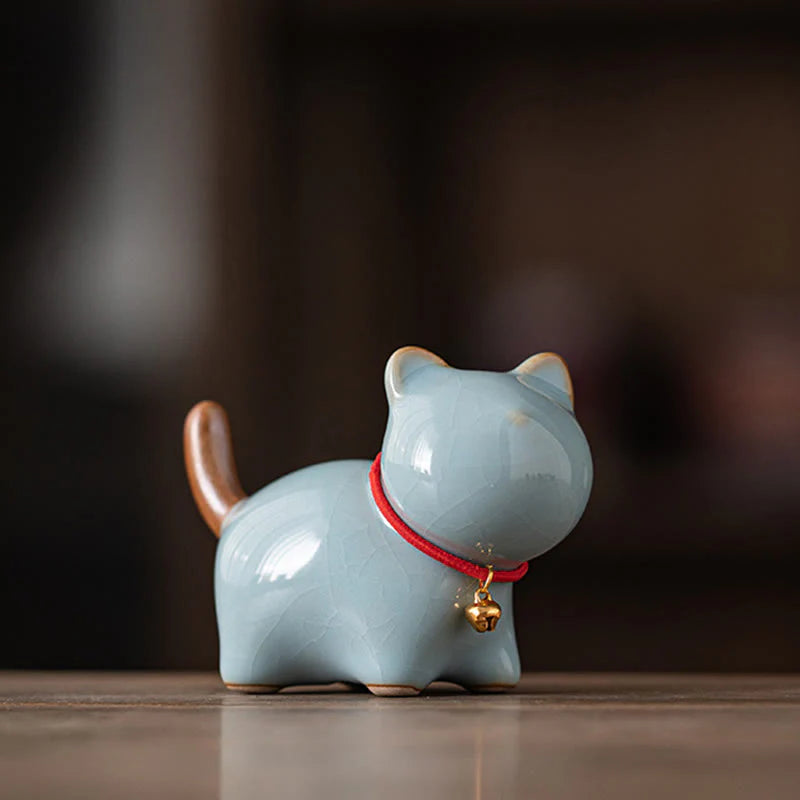 Buddha Stones Mini Lucky Cute Standing Cat Red Rope Bell Ceramic Figurine Decoration