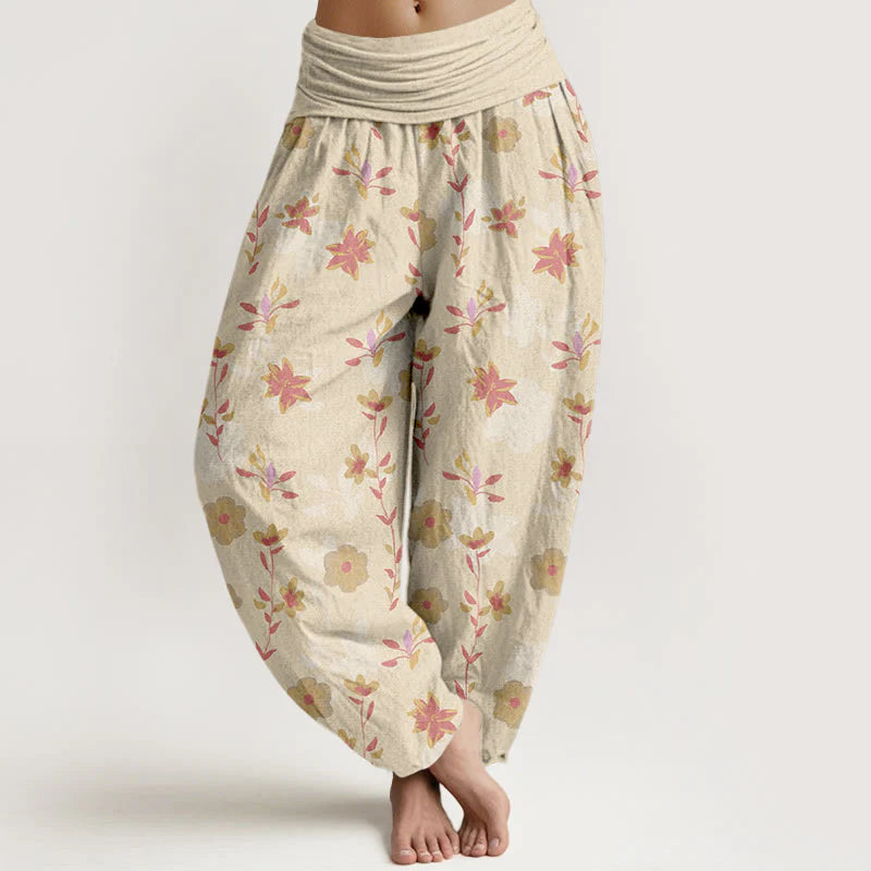 Buddha Stones Cotton Simple Refreshing Flower Leaf Pattern Women's Elastic Waist Harem Pants
