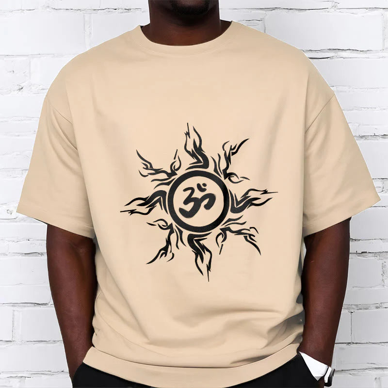 Buddha Stones Sunburst Pattern Surrounding An Om Symbol Pattern Cotton Tee T-shirt