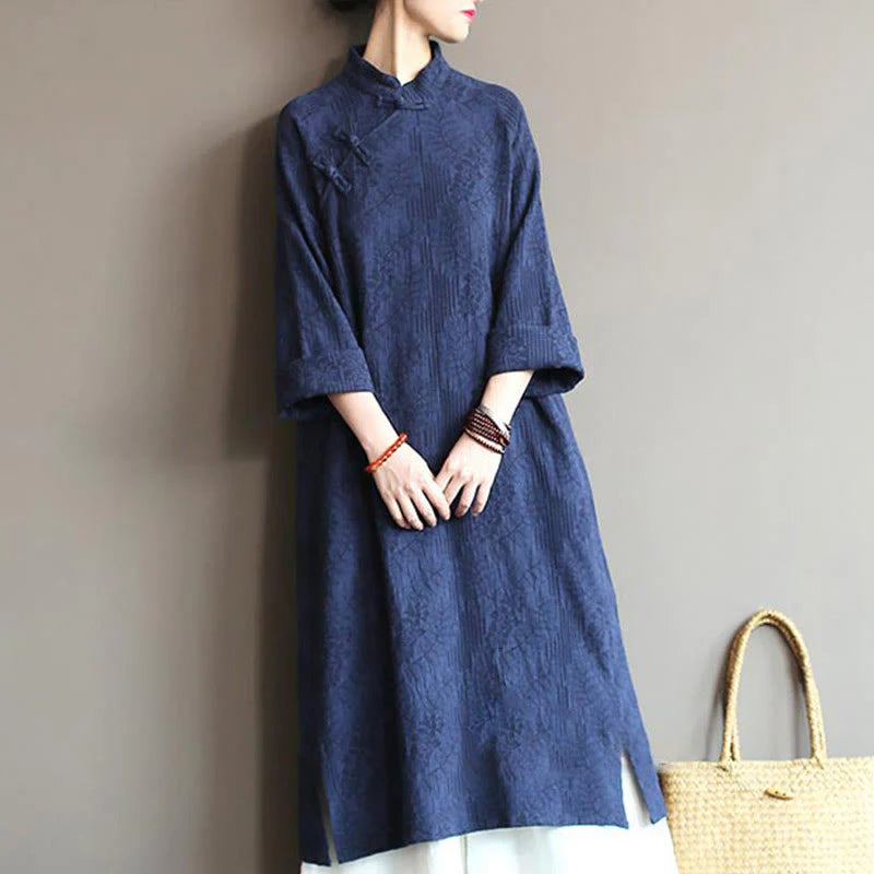 Buddha Stones Flower Jacquard Midi Dress Long Sleeve Cotton Linen Dress Wide Leg Pants With Pockets
