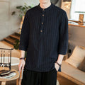 Buddha Stones Plaid Half Buttons Stand Collar Three Quarter Sleeve Cotton Men's Shirt