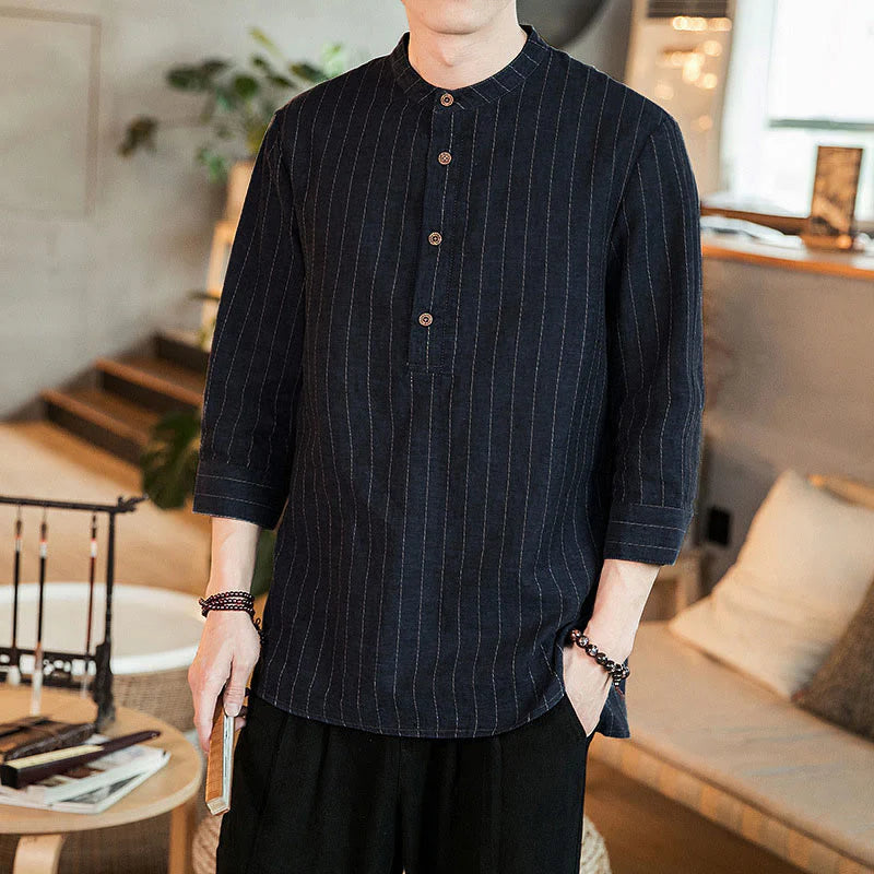 Buddha Stones Plaid Half Buttons Stand Collar Three Quarter Sleeve Cotton Men's Shirt