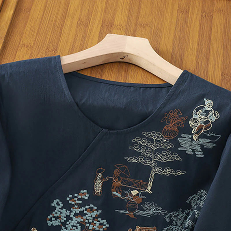 Buddha Stones Retro Embroidery Lace-Up Women's Three Quarter Sleeve Cotton Linen T-Shirt