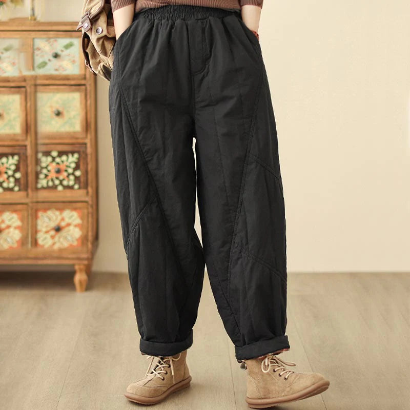 Buddha Stones Winter Plain High Waist Cotton Women's Harem Thermal Elastic Waist Pants With Pockets