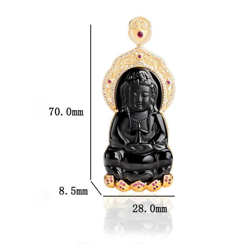 Buddha Stones Natural Black Jade Kwan Yin Avalokitesvara Wealth Titanium Steel Chain Necklace Pendant