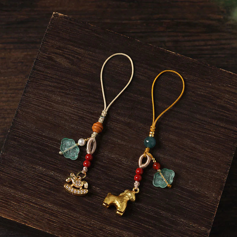Buddha Stones Year of the Horse Copper Cinnabar Blue Chalcedony Red Agate Liuli Luck Phone Hanging Decoration