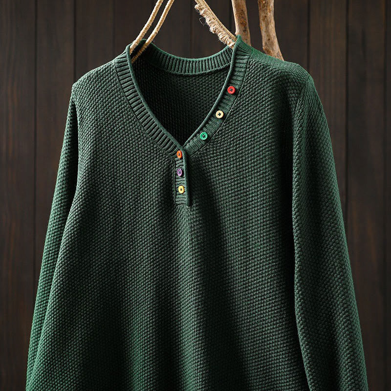 Buddha Stones Fall Colorful Buttons V-Neck Cotton Women's Long Sleeve Knitted Sweater