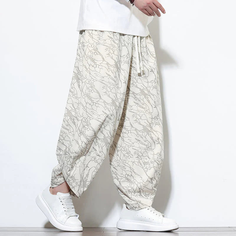 Buddha Stones Fall Textured Lines Print Cotton Elastic Waist Ankle-Length Men's Harem Pants With Pockets