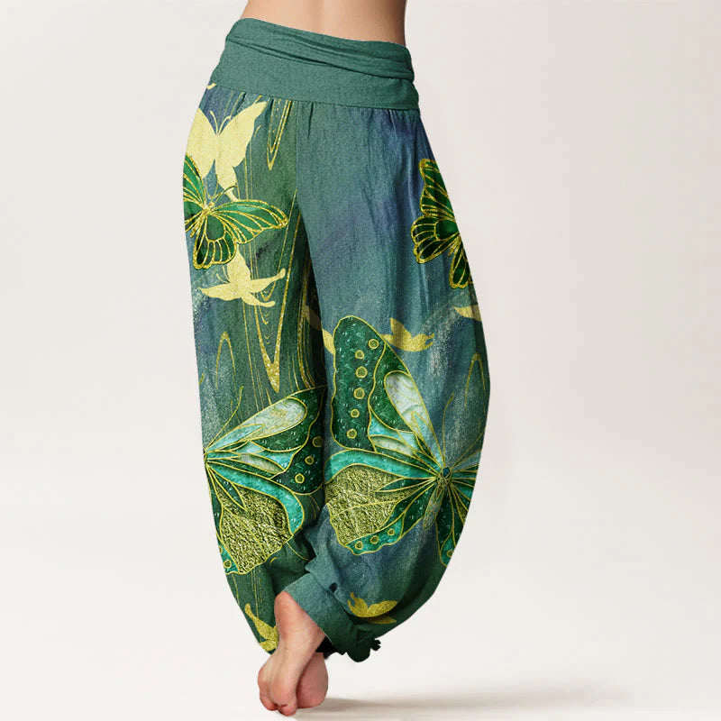 Buddha Stones Cotton Casual Butterfly Gold Line Pattern Women's Elastic Waist Harem Pants