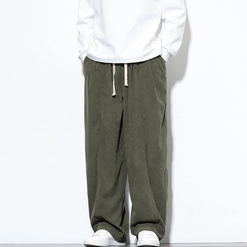 Buddha Stones Plain Drawstring Pure Cotton Corduroy Men's Harem Pants With Pockets