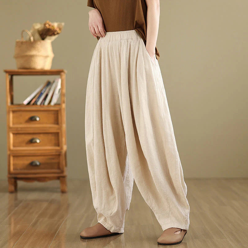 Buddha Stones Vintage Patchwork Lantern Design Cotton Linen Women's Wide Leg Pants With Pockets