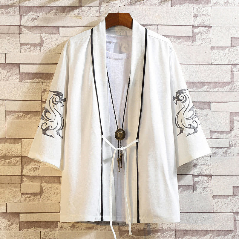 Buddha Stones Embroidery Dragon Phoenix Auspicious Cloud Waves Leaves Cranes Open Front Jacket Men's Kimono