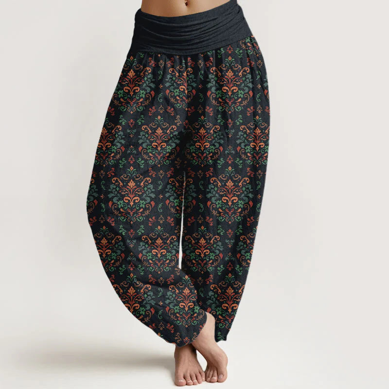 Buddha Stones Pure Cotton Retro Symmetrical Flower Leaf Pattern Women's Elastic Waist Harem Pants