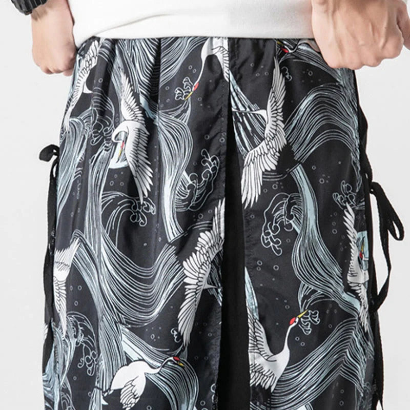 Buddha Stones Summer Flying Crane Design Cotton Men's Wide Leg Pants With Pockets