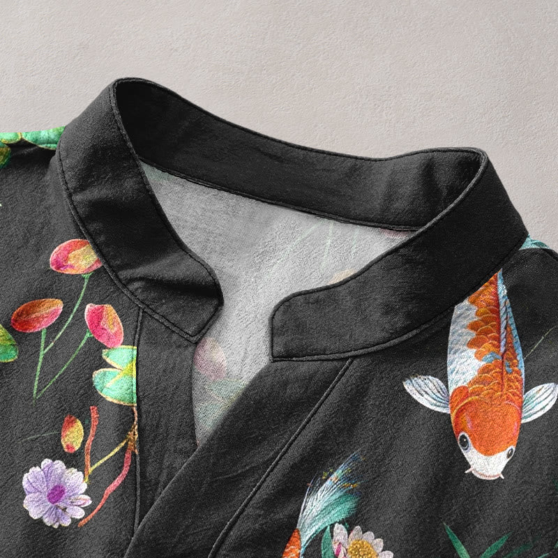 Buddha Stones Cotton Koi Fish Lotus Pattern Men's Short Sleeve Half Button Shirt
