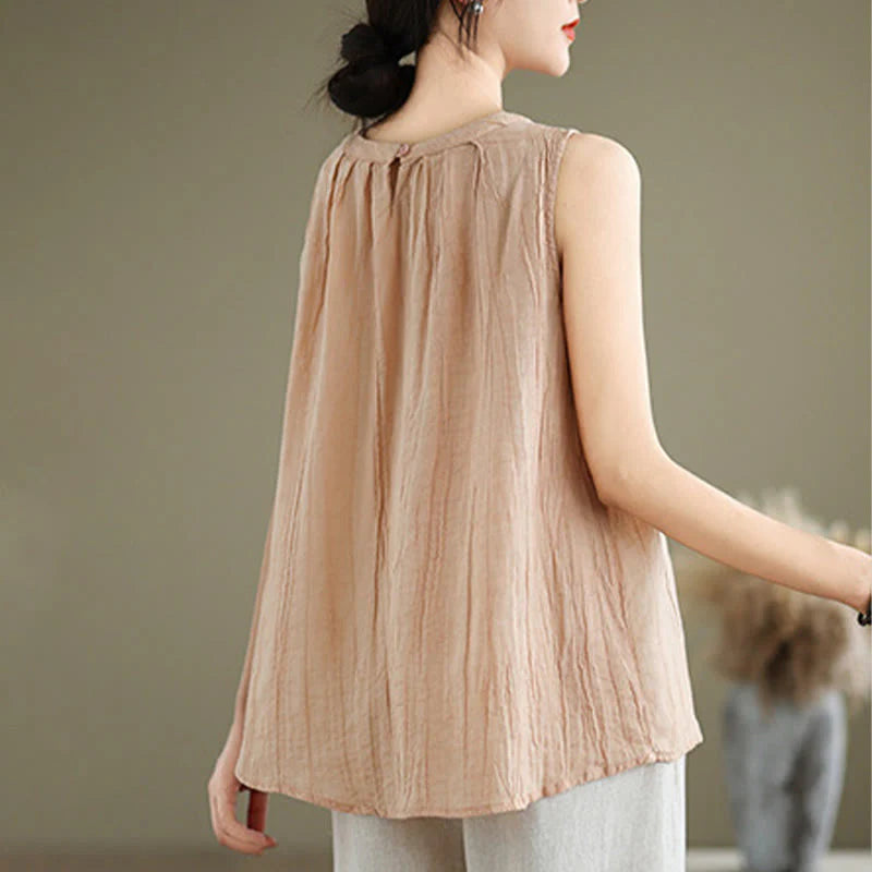Buddha Stones Summer Wrinkles Simple Design Crew Neck Cotton Linen Women's Sleeveless Vest Waistcoat