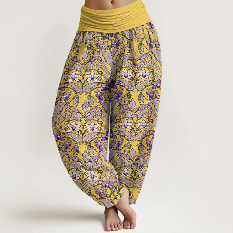 Buddha Stones Cotton Star Shaped Flowers Leaves Pattern Women's Elastic Waist Harem Pants