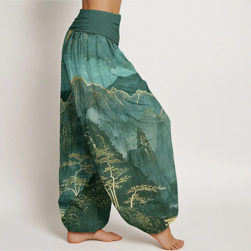 Buddha Stones Cotton Casual Full Moon Mountains Trees River Pattern Women's Elastic Waist Harem Pants