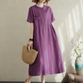 Buddha Stones Stand Collar Buttons Design Linen Short Sleeve Midi Dress With Pockets