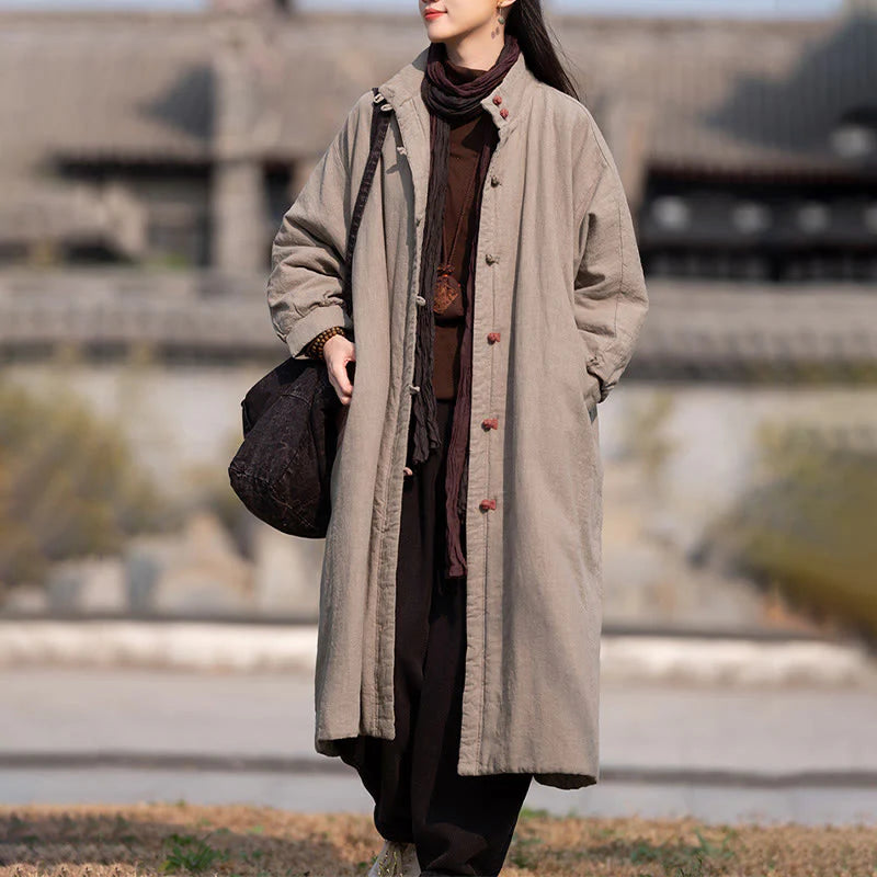 Buddha Stones Winter Solid Frog-Button Ramie Cotton Women's Long Sleeve Thermal Coat With Pockets