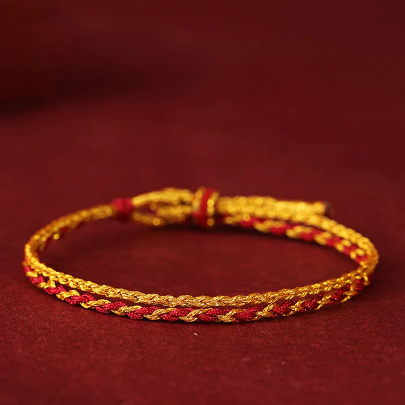 Buddha Stones 999 Gold Beads Copper Coin Double Wrap Golden Red String Connection Braided Bracelet