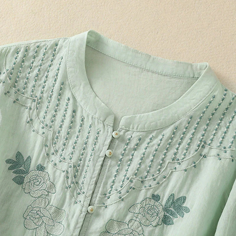Buddha Stones Rose Floral Embroidery Button Half Sleeve Women's Cotton Shirt