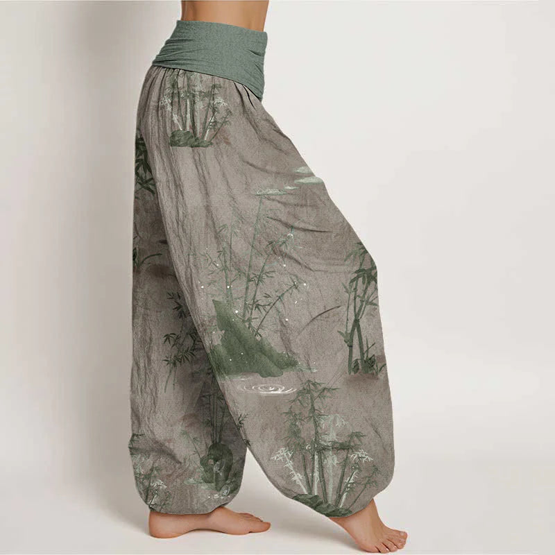 Buddha Stones Pure Cotton Casual Bamboo Rock Ink Painting Women's Elastic Waist Harem Pants