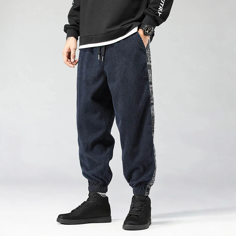 Buddha Stones Fall Solid Drawstring Side Paisley Pattern Straight Leg Ankle-length Corduroy Men's Pants With Pockets