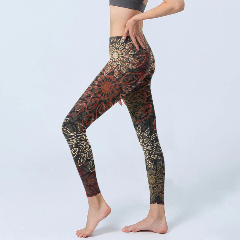 Buddha Stones Symmetrical Retro Flower Pattern Print Gym Leggings Women's Yoga Pants
