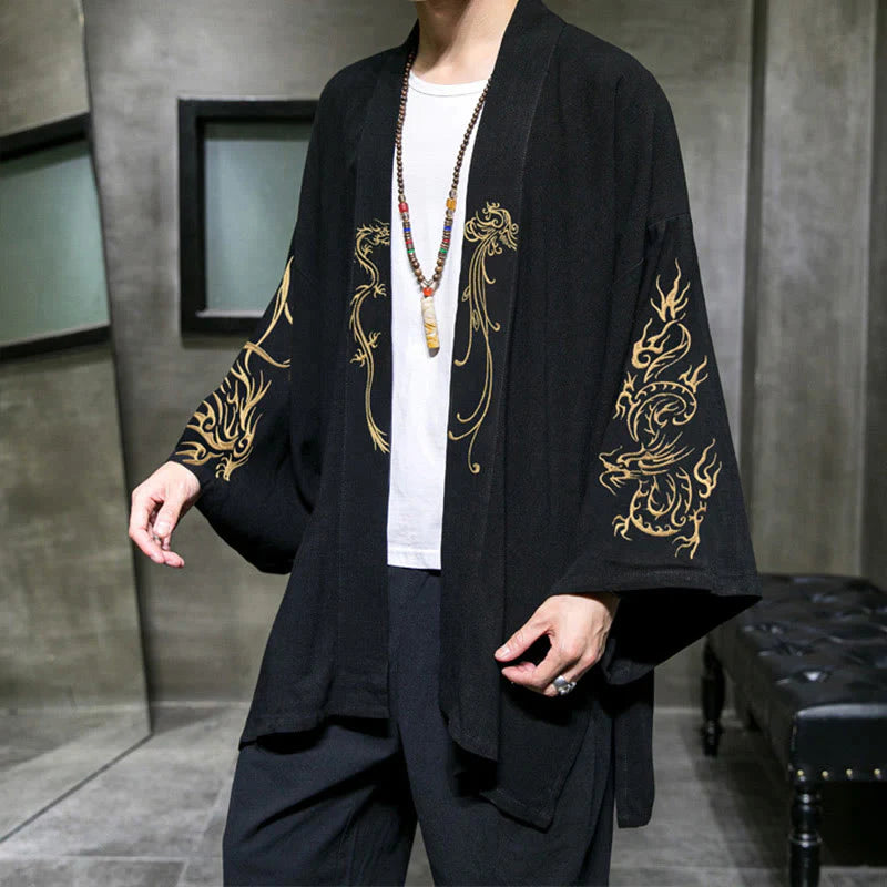 Buddha Stones Dragon Phoenix Open Front Long Sleeve Jacket Men's Cotton Kimono