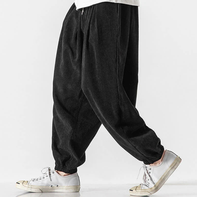 Buddha Stones Casual Pure Color Men's Drawstring Corduroy Harem Ankle-Length Pants With Pockets