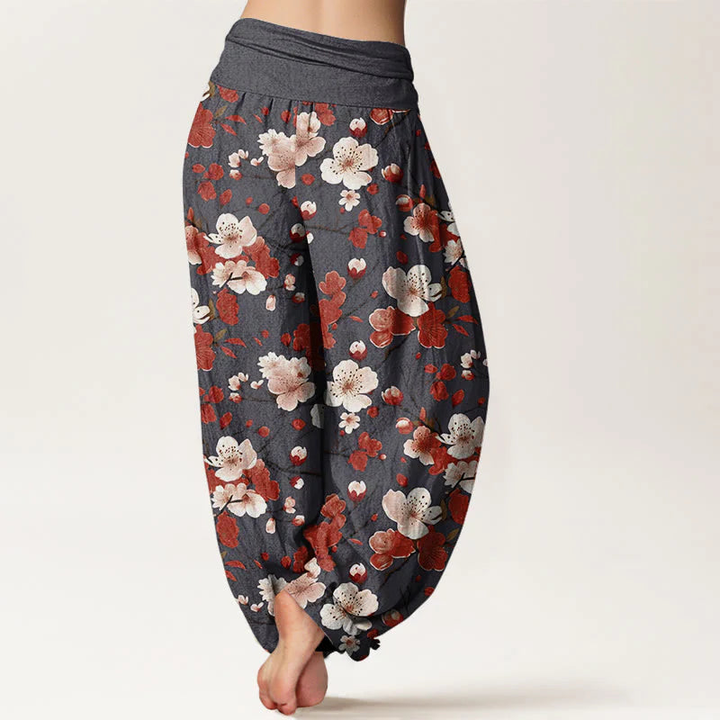 Buddha Stones Cotton Pink Red Peach Blossoms Design Women's Elastic Waist Harem Pants